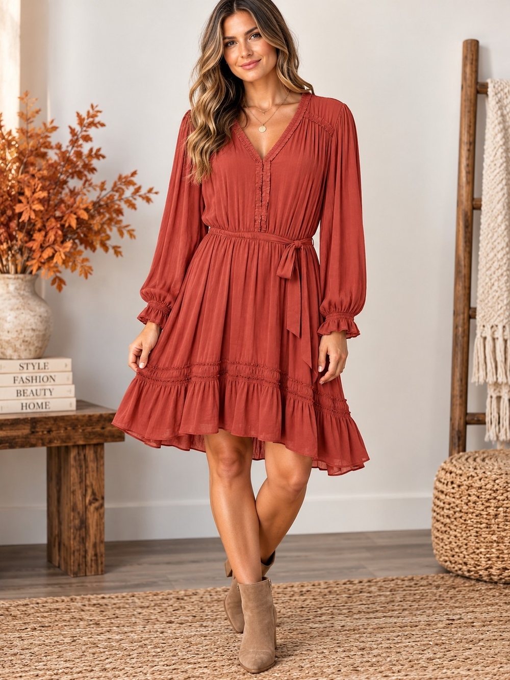 A234. Simply Vera Wang Boho Tie Waist Dress Mini in Red XL